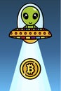 Cute alien cartoon character riding ufo taking bitcoin Royalty Free Stock Photo