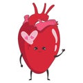 illustration of a cute anatomical heart with a face with a band-aid. Valentine\'s day concept character in love broken heart