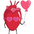 illustration of a cute anatomical heart with a face in glasses and with a balloon. Valentine\'s day concept love character