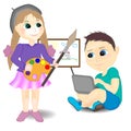 Illustration of a cute artist and geek boy sitting with laptop.