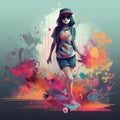 An illustration of a cute Asian girl, riding on a skateboard and wears a hat and sunglasses.