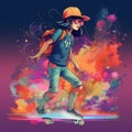 An illustration of a cute Asian girl, riding on a skateboard and wears a hat and sunglasses.