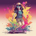 An illustration of a cute Asian girl, riding on a skateboard and wears a hat and sunglasses.