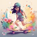 An illustration of a cute Asian girl, riding on a skateboard and wears a hat and sunglasses.