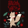 Illustration of cute baby fox with thank you note on dark background. Cute fox for nursery room decor