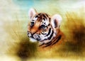 Illustration cute baby tiger cartoon, looking out from a green Royalty Free Stock Photo