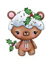 Illustration of a cute bear with Christmas decoration and poinsettia sprigs with berries on his head on a white isolated