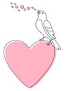 Illustration of cute bird singing and sitting on heart. Image of birdie in simple style. Royalty Free Stock Photo