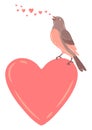 Illustration of cute bird singing and sitting on heart. Image of birdie in simple style. Royalty Free Stock Photo