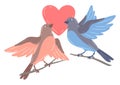 Illustration of cute birds with heart and sitting on branch. Image of birdies in simple style.