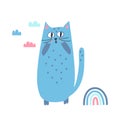 Illustration of a cute blue surprised cat with clouds and a rainbow in the Scandinavian style