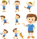 Illustration of cute boy cartoon character in many action