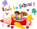 Cute boy and girl cartoon flying on pencil airplane Royalty Free Stock Photo