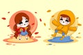 Illustration of Cute Boy and Girl Character or Chibi in Autumn Seasons at Couple Set Royalty Free Stock Photo