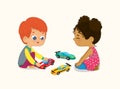 Illustration of Cute Boy and Girl Playing with Their Toys Cars. Red hair boy shows and shares his Toy Cars to His Royalty Free Stock Photo