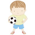 Illustration of a cute boy is holding a football ball isolated o