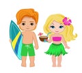 Illustration of cute boy with surfboard and Hawaiian girl with cocktail. Royalty Free Stock Photo