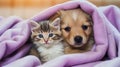 illustration of a cute brown kitten with a puppy under a purple colored blanket