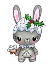 Illustration of a cute bunny with Christmas decoration and poinsettia sprigs with berries on his head on a white