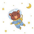 Illustration with cute cartoon bear astronaut in space