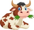 Illustration of cute cartoon cow eating grass