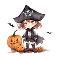 Illustration of cute cartoon halloween boy pirate costume with pumpkins , bat isolated on white background Royalty Free Stock Photo