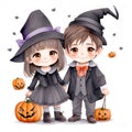 Illustration of cute cartoon halloween boy wizard and girl witch costume with pumpkins , bat isolated on white background. child Royalty Free Stock Photo