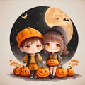 Illustration of cute cartoon halloween boy wizard and girl witch costume with pumpkins , bat isolated on white background. child Royalty Free Stock Photo