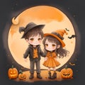 Illustration of cute cartoon halloween boy wizard and girl witch costume with pumpkins , bat isolated on white background. child Royalty Free Stock Photo