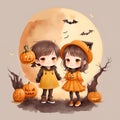 Illustration of cute cartoon halloween boy wizard and girl witch costume with pumpkins , bat isolated on white background. child Royalty Free Stock Photo