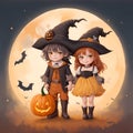Illustration of cute cartoon halloween boy wizard and girl witch costume with pumpkins , bat isolated on white background. child Royalty Free Stock Photo