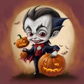 Illustration of cute cartoon halloween cute Dracula, devil, with pumpkins , bat isolated on brown background. Cute cartoon Dracula