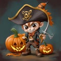 Illustration of cute cartoon Halloween cute pirate with pumpkins, bat isolated on dark green background. Cute cartoon pirate . Royalty Free Stock Photo