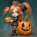 Illustration of cute cartoon Halloween girl pirate costume with pumpkins isolated on dark green background Royalty Free Stock Photo