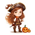 Illustration of cute cartoon halloween girl pirate costume with pumpkins isolated on dark green background Royalty Free Stock Photo