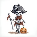 Illustration of cute cartoon halloween cute pirate, skeleton, skull with pumpkins , bat isolated on white background. Cute cartoon