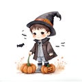 Illustration of cute cartoon halloween wizard boy costume with pumpkins , bat isolated on white background. Cute cartoon boy Royalty Free Stock Photo