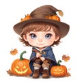 Illustration of cute cartoon halloween wizard boy costume with pumpkins , bat isolated on white background. Cute cartoon boy Royalty Free Stock Photo