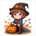 Illustration of cute cartoon halloween wizard boy costume with pumpkins , bat isolated on white background. Cute cartoon boy Royalty Free Stock Photo