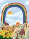 Illustration cute cartoon landscape in countryside with rainbow behind farm house and mountain, sunflower field on hills butterfly Royalty Free Stock Photo