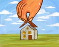 Illustration of a cute cartoon cute light house and a hand that lays down the roof. House completion, mortgage, creation of your