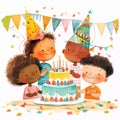 Illustration of a cute cartoon little kids celebrating a birthday with a cake. Children birthday party clipart Royalty Free Stock Photo