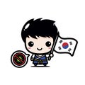 Cute boy cartoon character holding the flag of korea country against the virus