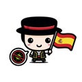 Cute boy cartoon character holding the flag of Spain against the virus
