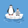 Illustration of cute cartoon penguin family on ice floe. Baby penguin, arctic animals. For card, poster, print. Royalty Free Stock Photo