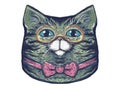 Illustration of cute cartoon tabby cat wearing glasses and bow tie looking straight. Cat portrait