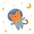 Illustration with cute cartoon tiger astronaut in space