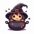 illustration of cute cartoon illustration witchs couldron flat , Generative ai Royalty Free Stock Photo