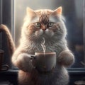 Illustration of cute cat holding cup of coffee, good morning (Generative AI)
