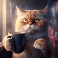 Illustration of cute cat holding cup of coffee, good morning